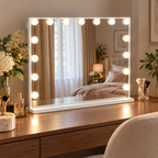 Left three-quarter view of the white 15-bulb vanity mirror resting on a walnut bedroom desk.