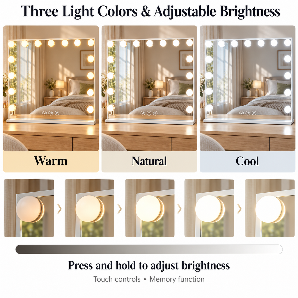 Lighting guide infographic demonstrating warm, natural, and cool color modes with press-and-hold brightness adjustment.