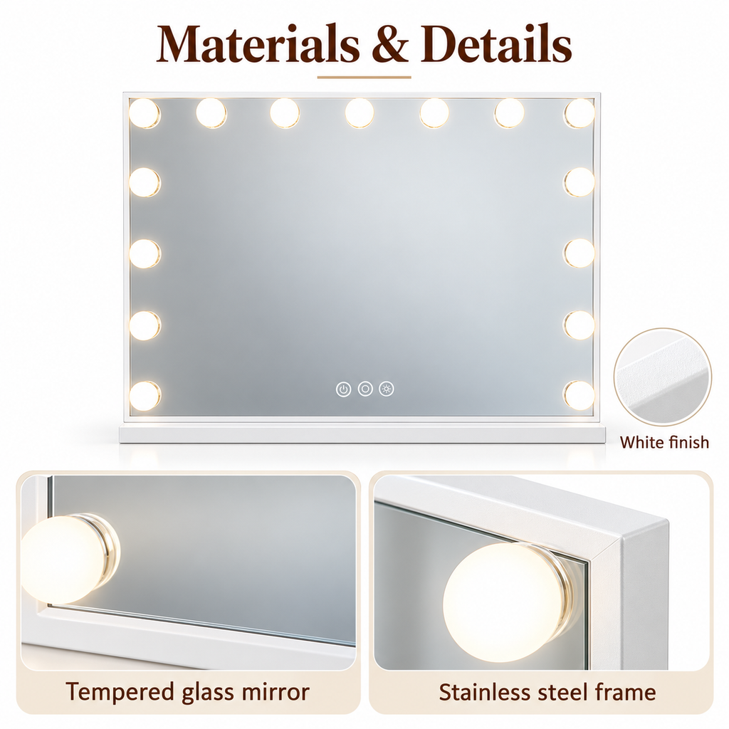 Material guide diagram detailing the tempered glass mirror surface and white stainless steel frame construction.