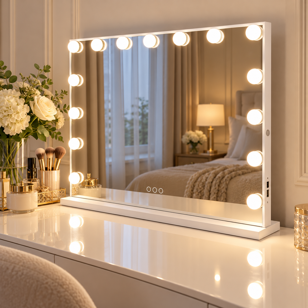 Right side view of the white illuminated vanity mirror positioned on an ivory dressing table.
