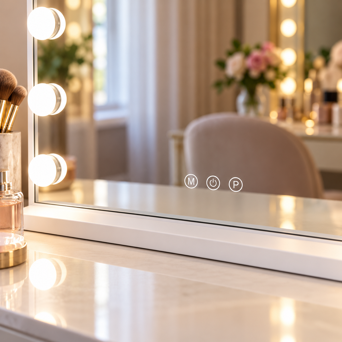 Close-up of the three smart touch control buttons located along the bottom front of the mirror glass.