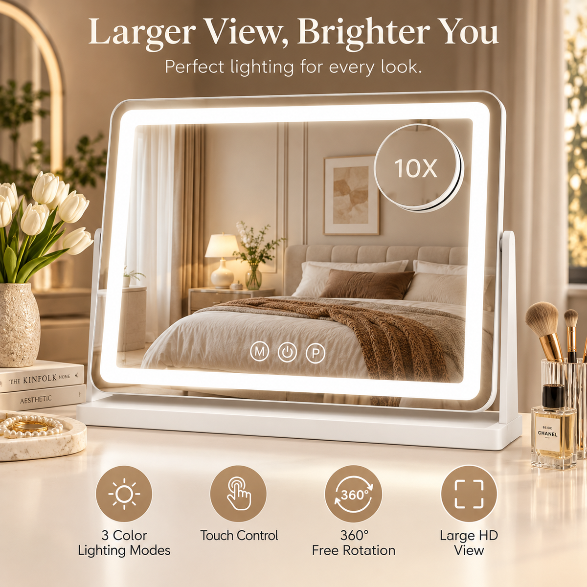 Landscape LED vanity mirror feature infographic showing 10X attachment and icons for lighting modes, touch control, and rotation by HavvakHome.
