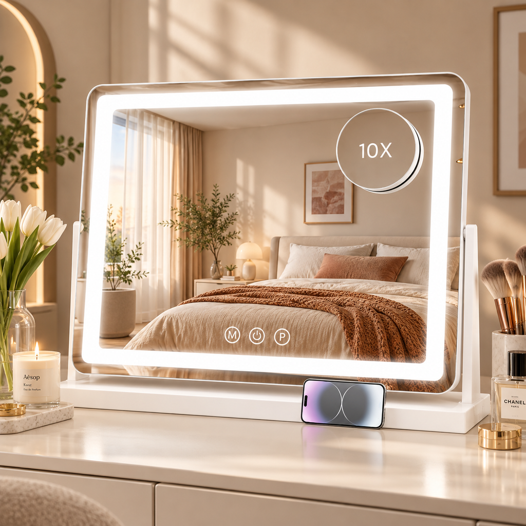 Landscape LED tabletop mirror with round 10X magnifying attachment and horizontal smartphone at the base reflecting a bedroom by HavvakHome.