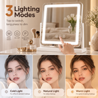 Portrait LED mirror lighting-mode infographic showing a hand on touch icons and three woman portrait panels labeled cold, natural, and warm light by HavvakHome.