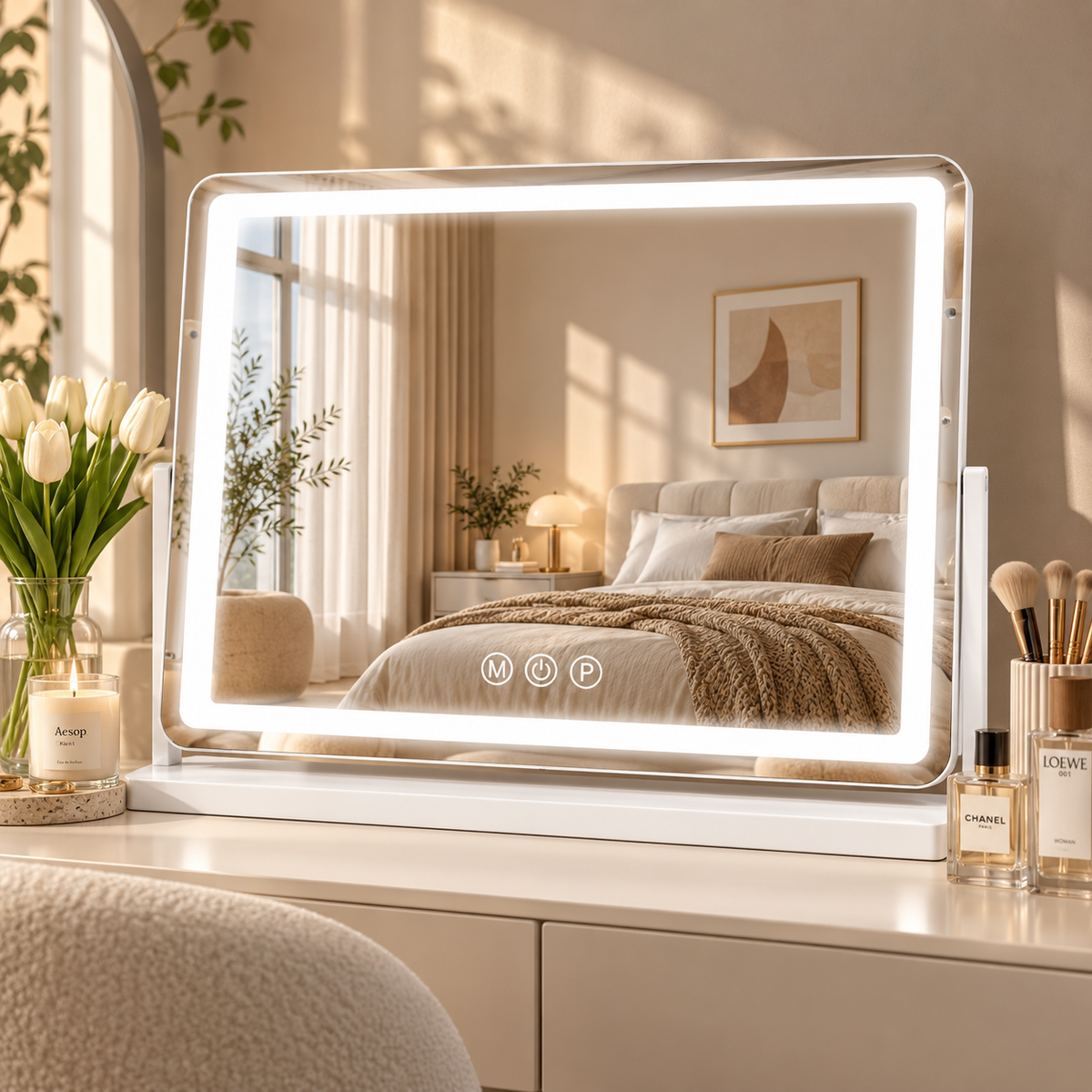 Wide landscape rectangular LED vanity mirror on a white base with glowing border reflecting a bed, tulips, and brushes alongside by HavvakHome.