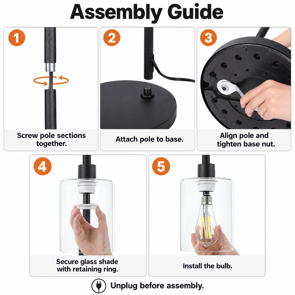 Five-step assembly guide illustrating threaded pole sections, base connection with underside nut, glass retaining ring, and bulb installation.