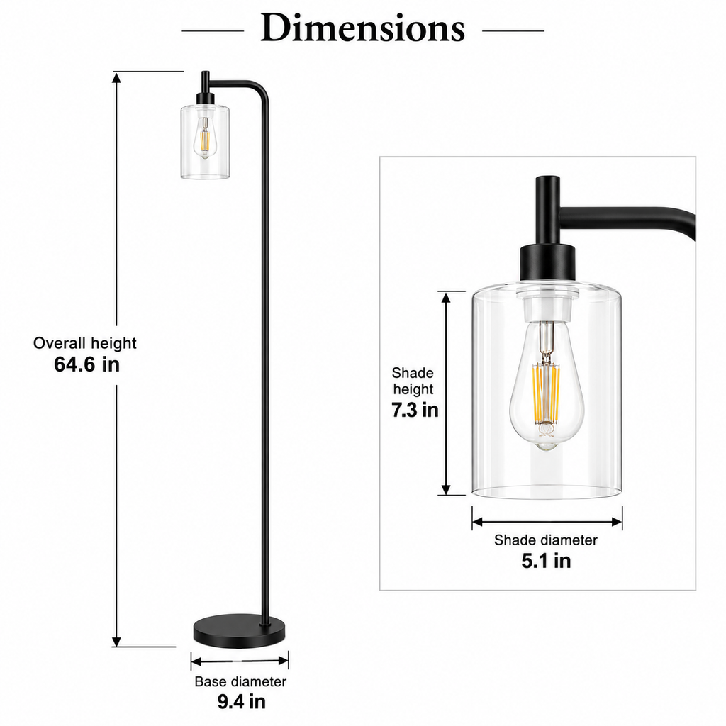 White-background dimensions chart showing total height 64.6 inches, base diameter 9.4 inches, and shade dimensions 7.3 by 5.1 inches.