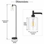 White-background dimensions chart showing total height 64.6 inches, base diameter 9.4 inches, and shade dimensions 7.3 by 5.1 inches.