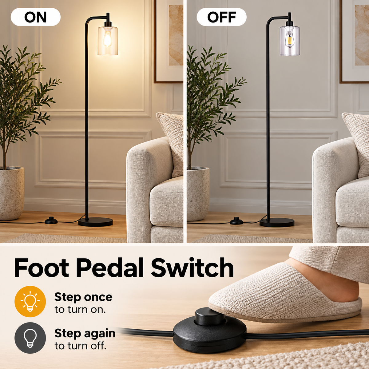 On and off light comparison with close-up of a foot pressing the round inline pedal switch.
