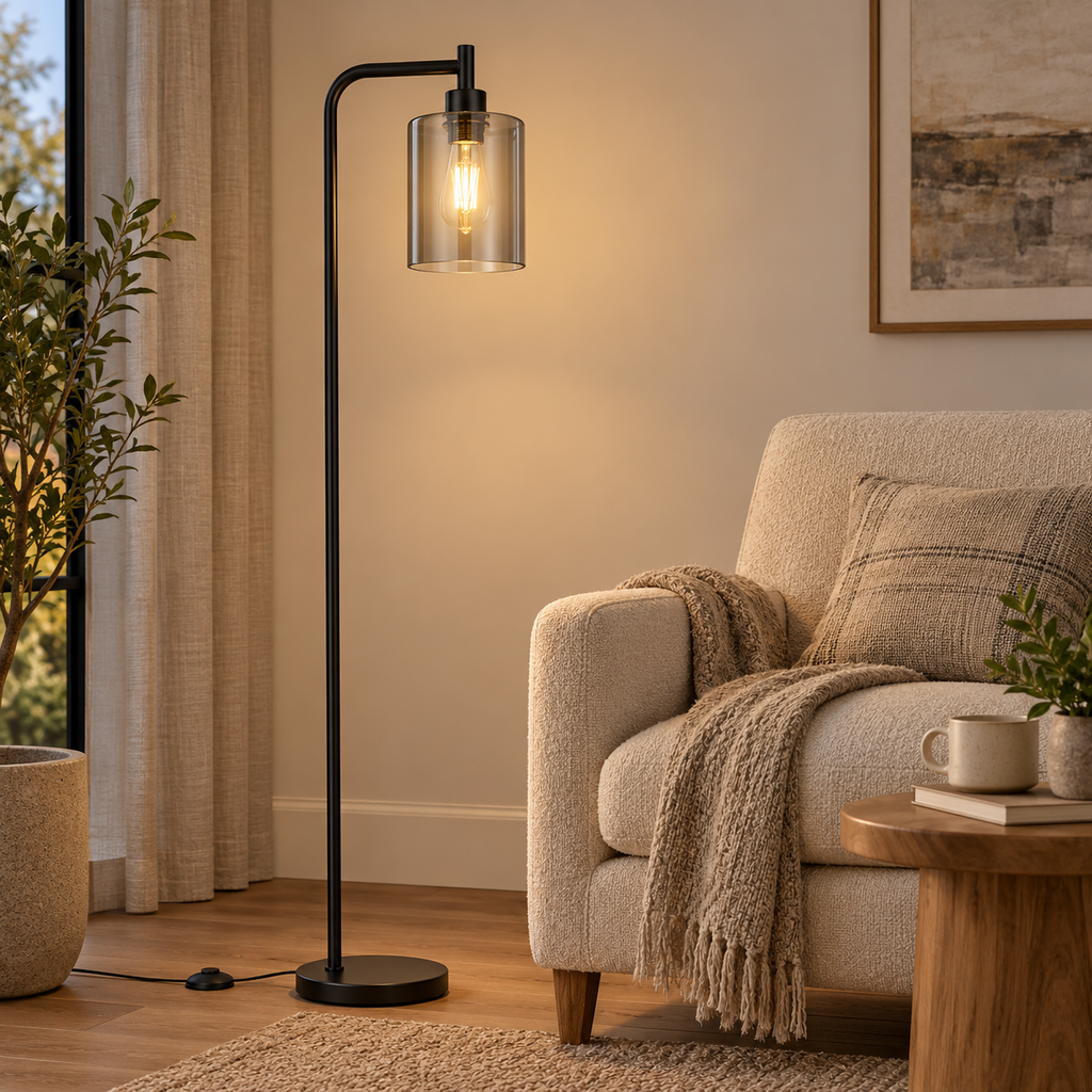 Smoke-grey glass black floor lamp next to an oatmeal armchair and wooden side table at dusk.