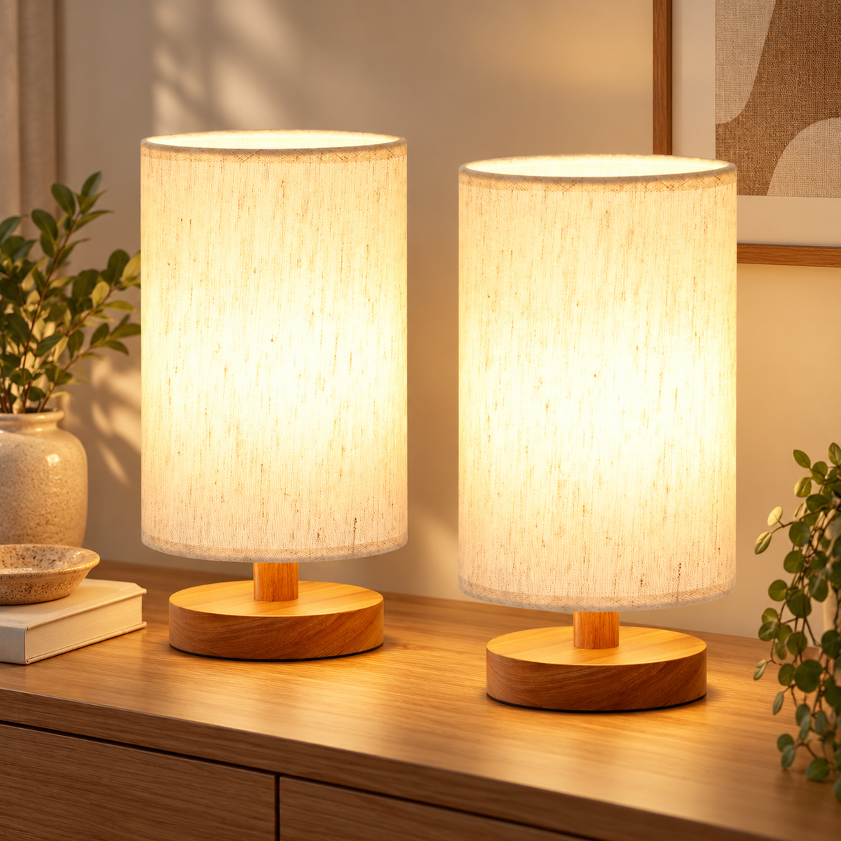 Japandi style home interior with a small wood base table lamp and cream shade from HavvakHome.