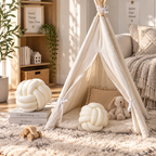 HavvakHome knot ball pillows placed beside a cream teepee play tent on a shag rug in a child's room.