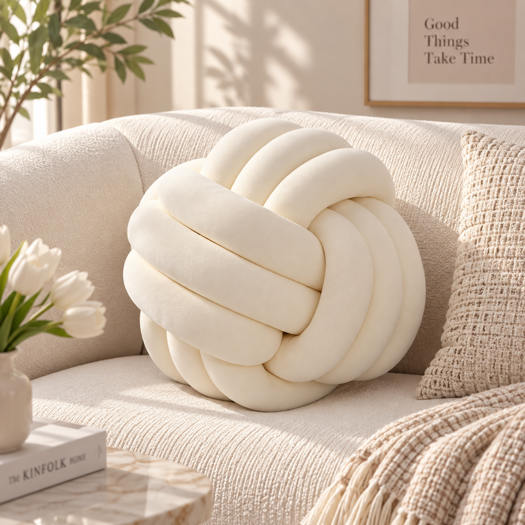 HavvakHome soft cream knot ball pillow resting on a textured beige sofa in a bright living room.