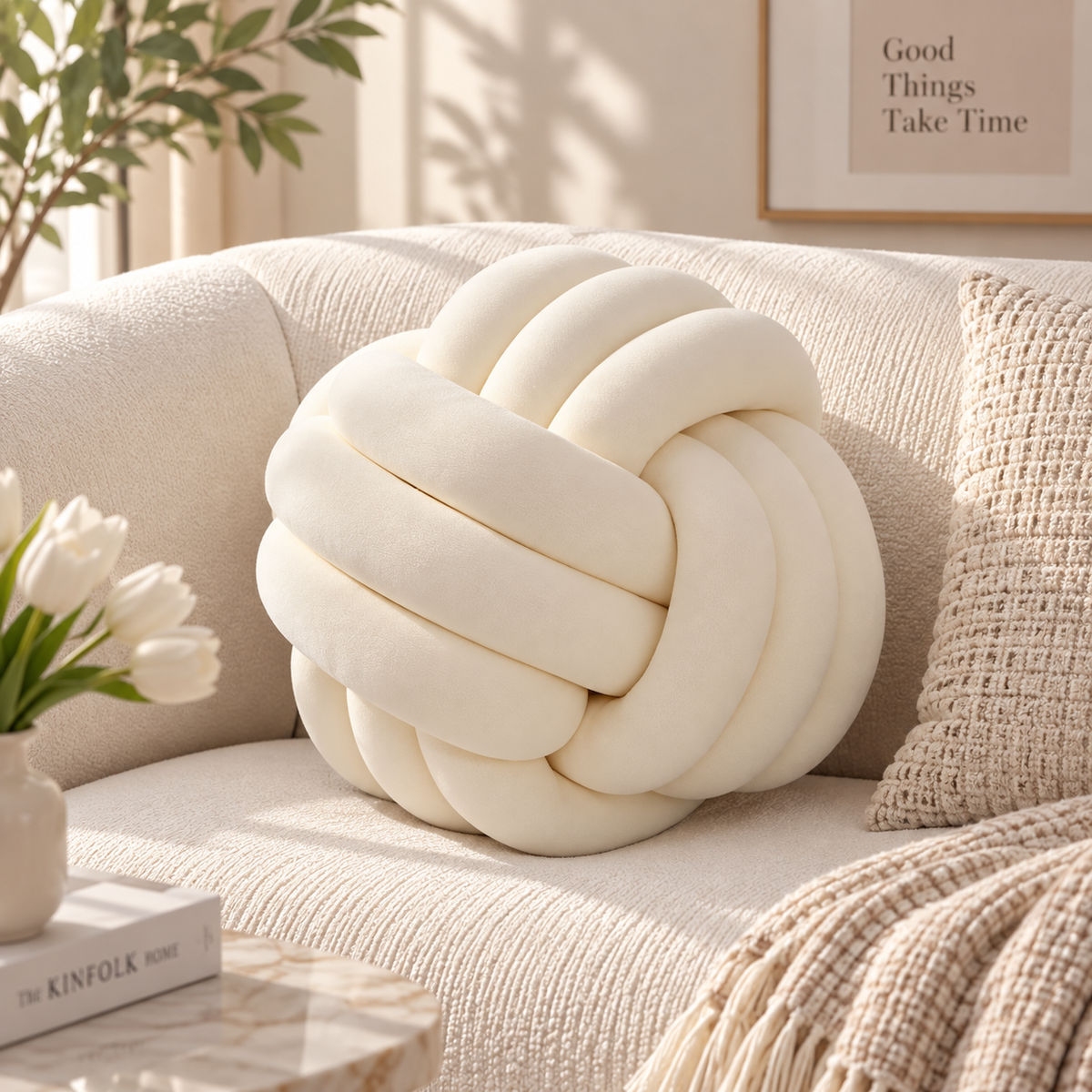 HavvakHome soft cream knot ball pillow resting on a textured beige sofa in a bright living room.