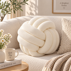 HavvakHome large cream-colored knot ball pillow resting on a beige textured sofa in a sunlit living room.