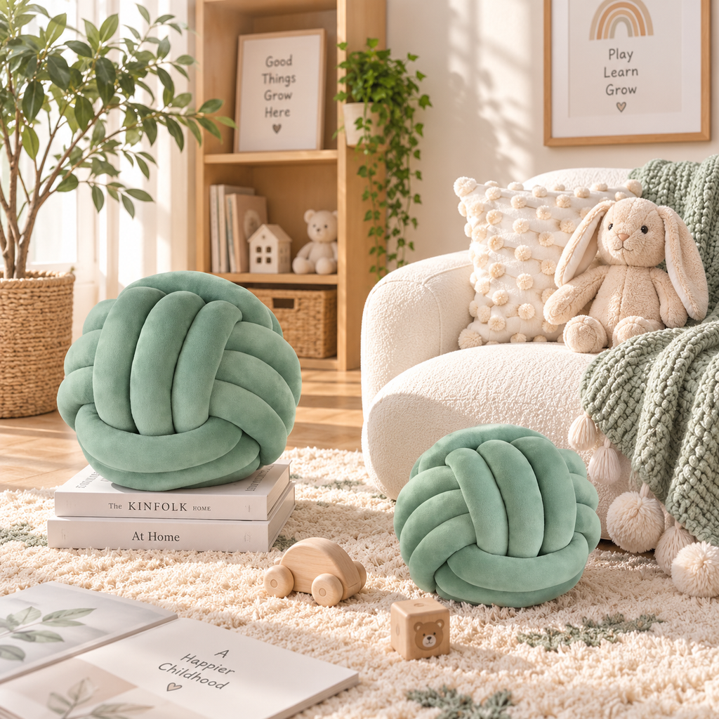 HavvakHome mint green knot ball pillows styled on books and a cream shag rug in a sunlit room.