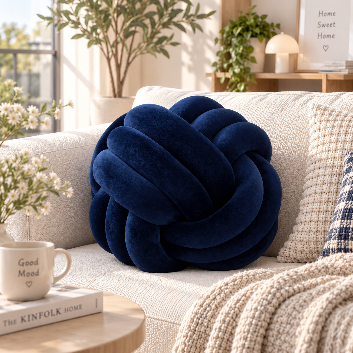 HavvakHome deep navy blue knot ball pillow styled on a light beige sofa in a bright living room.