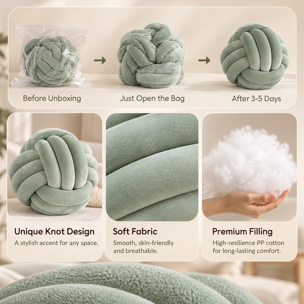 Unboxing and shape restoration guide graphic for HavvakHome knot ball pillow showing expansion steps.