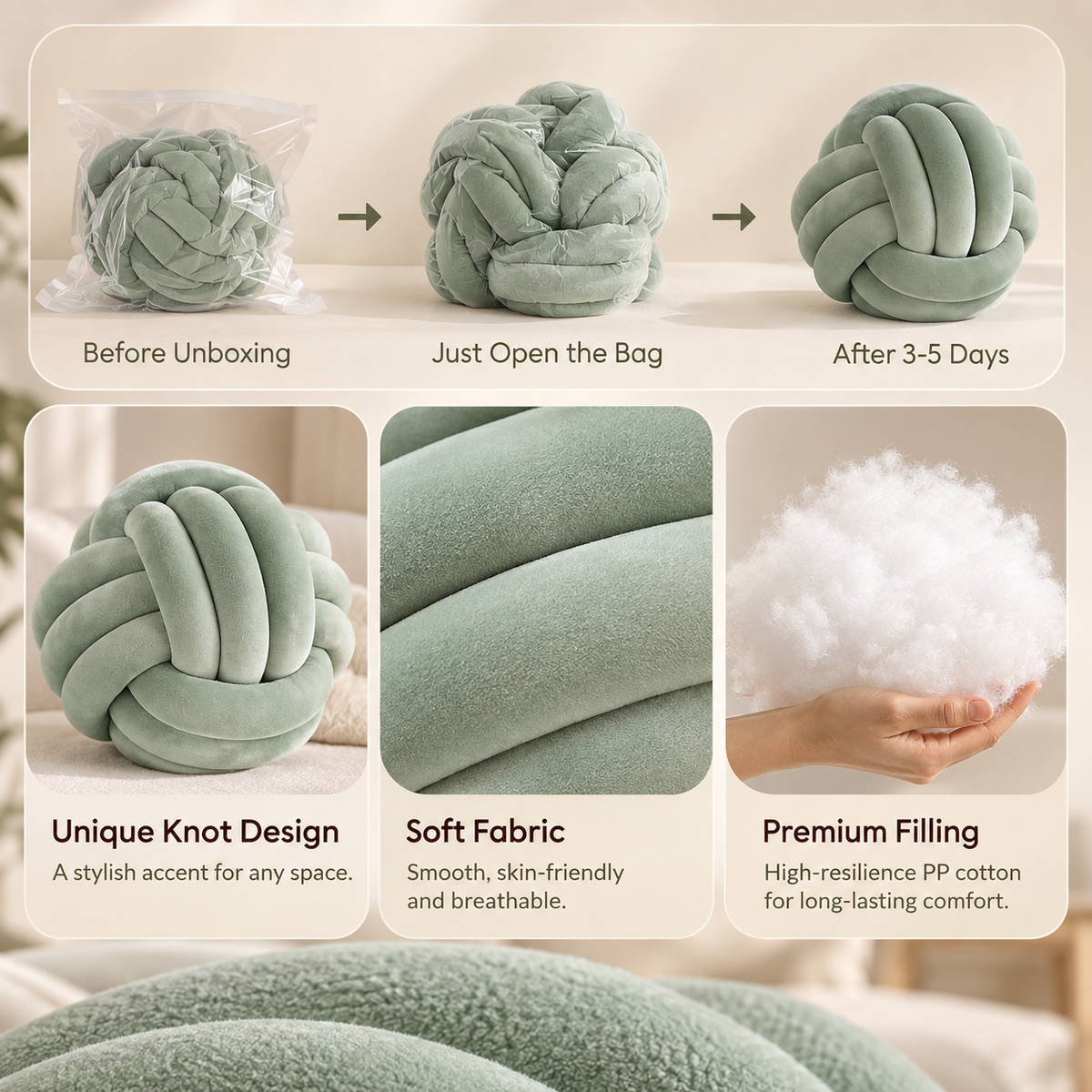 Unboxing and shape restoration guide graphic for HavvakHome knot ball pillow showing expansion steps.
