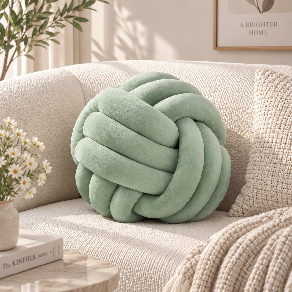 HavvakHome soft sage green knot ball pillow styled on a cream-colored textured sofa in a bright living room.