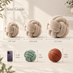 Dimensions chart showing size comparison guide for HavvakHome knot ball pillows.