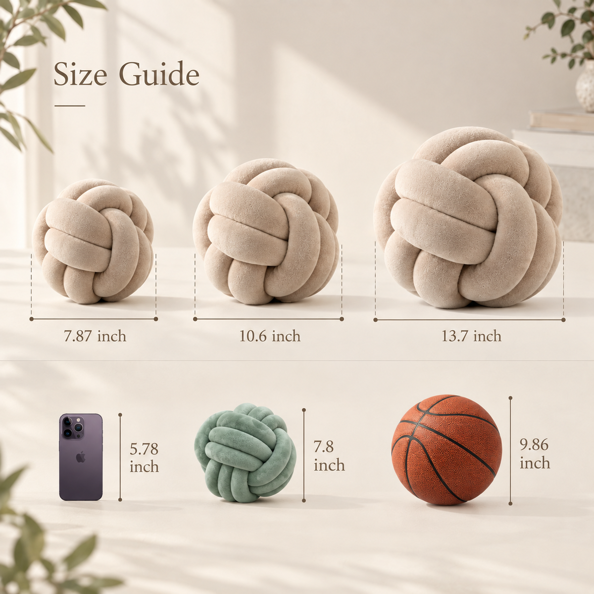 Dimensions chart showing size comparison guide for HavvakHome knot ball pillows.