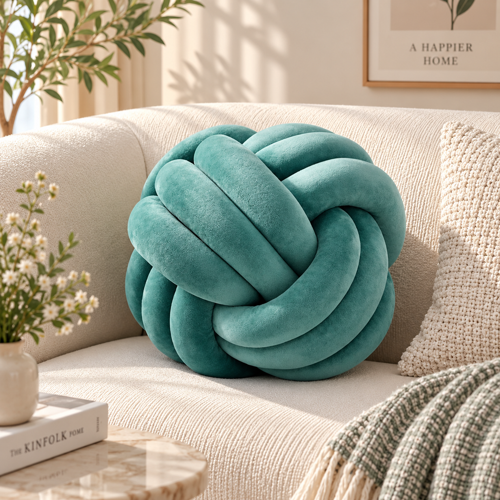 HavvakHome soft teal knot ball pillow styled on a cream-colored sofa in a bright living room.