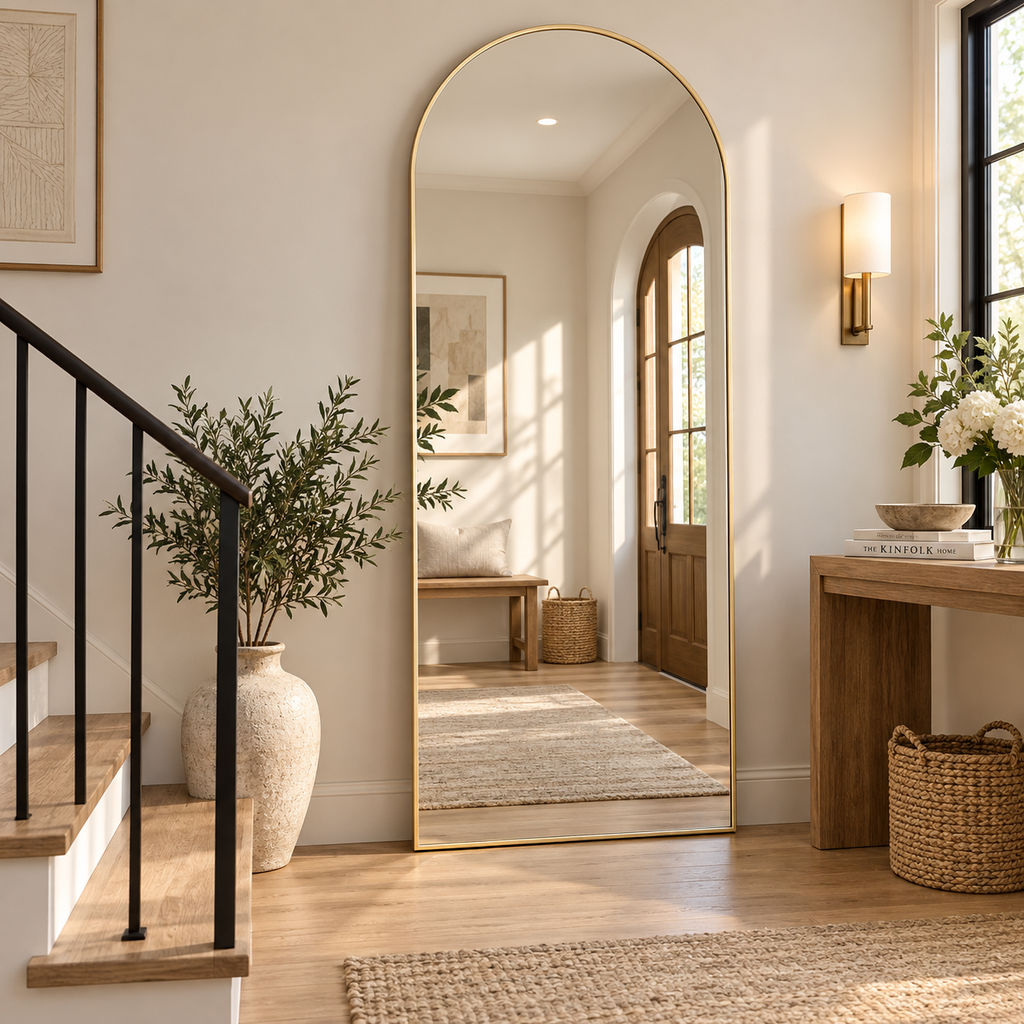 HavvakHome large arched full body dressing mirror styled against a neutral aesthetic wall.