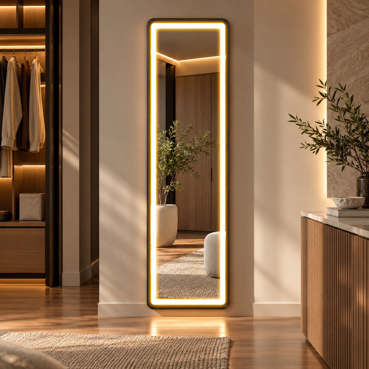 HavvakHome LED full length floor mirror with dimming and 3 color lights in a modern bedroom setting.