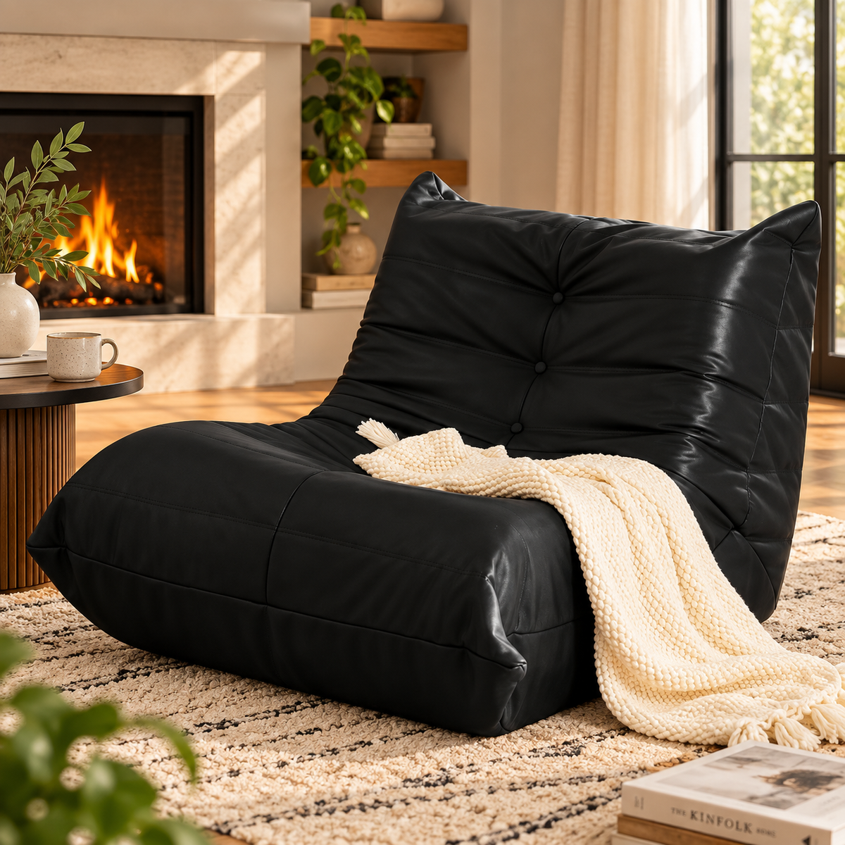 Black button-tufted armless floor lounge chair with a cream knitted throw on a rug beside a fireplace and round wood side table by HavvakHome.