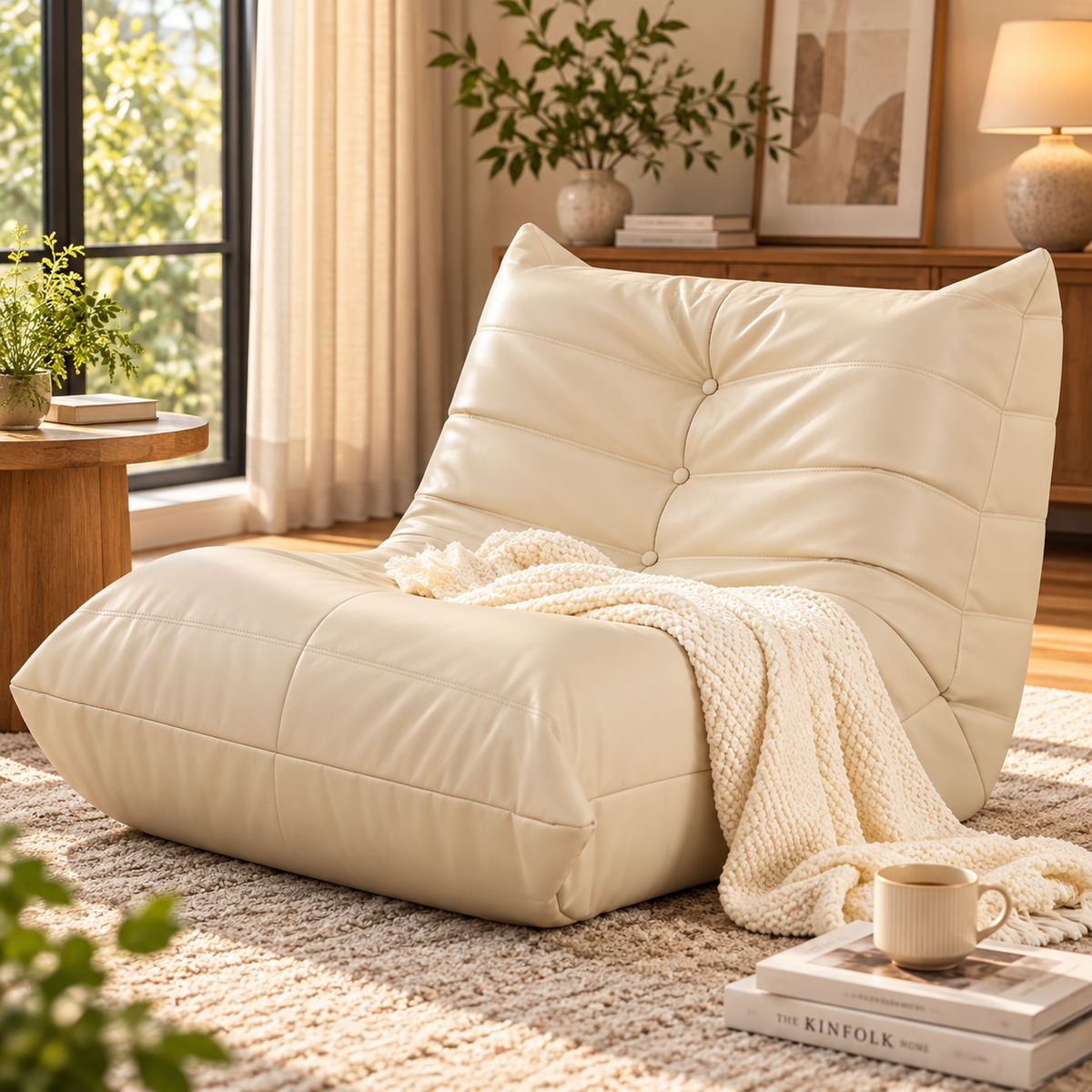 Cream button-tufted armless floor lounge chair with cream knitted throw on a rug beside a wood side table in a sunlit living room by HavvakHome.