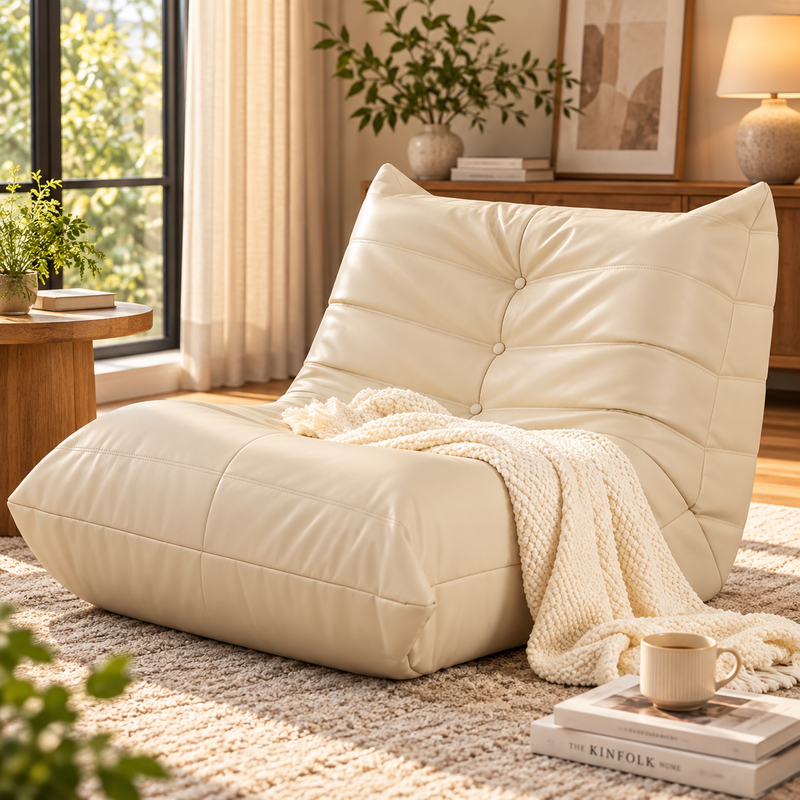 Cream button-tufted armless floor lounge chair with cream knitted throw on a rug beside a wood side table in a sunlit living room by HavvakHome.