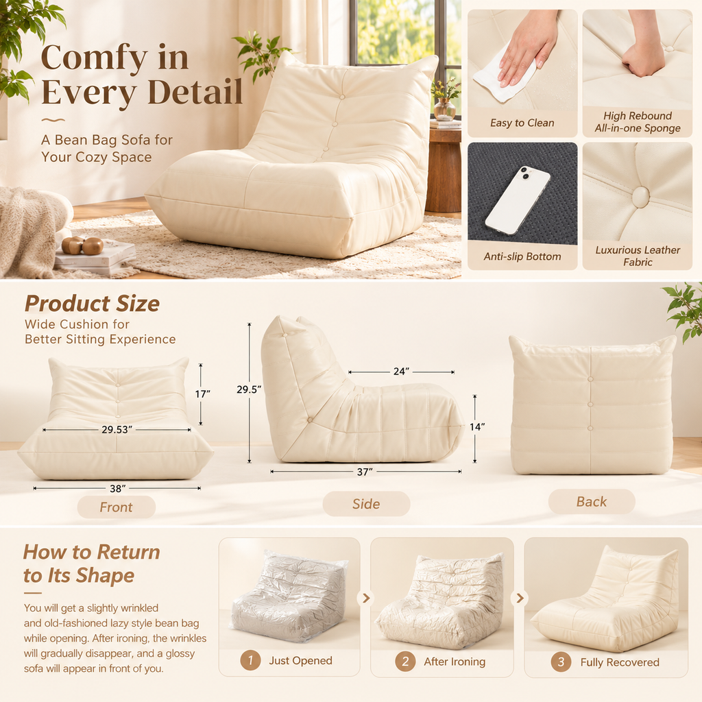 Cream floor lounge chair multi-panel infographic featuring surface cleaning, cushion and backing close-ups, front, side, and back dimensions, and unpacking shape-recovery sequence by HavvakHome.