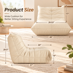 Product size infographic of cream floor lounge chair in front and side views, showing arrows labeling overall width, depth, height, seat depth, height, and backrest by HavvakHome.