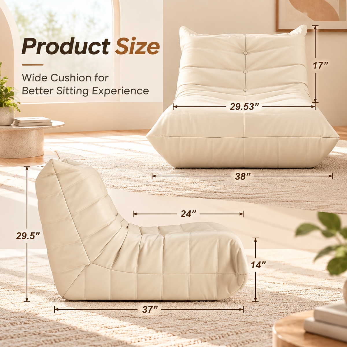 Product size infographic of cream floor lounge chair in front and side views, showing arrows labeling overall width, depth, height, seat depth, height, and backrest by HavvakHome.