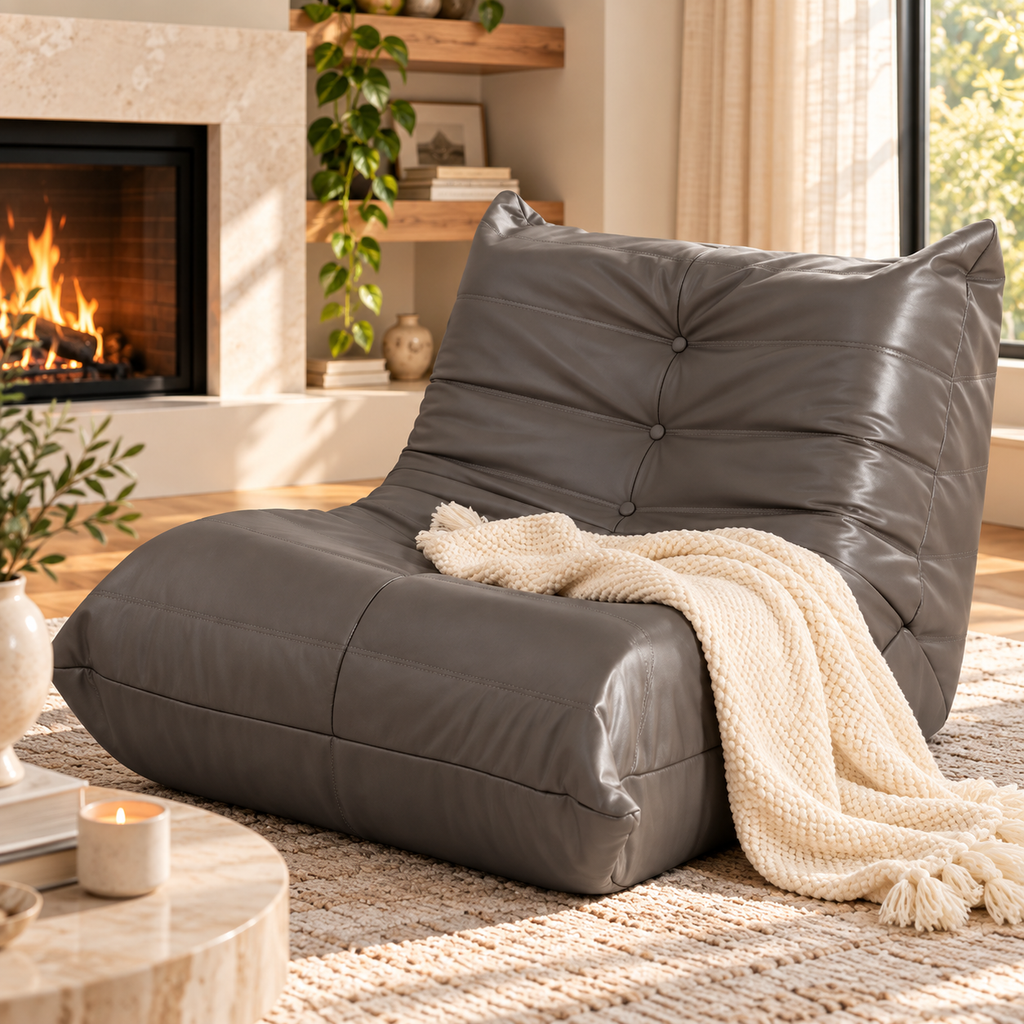 Gray button-tufted armless floor lounge chair with a cream knitted throw on a rug beside a fireplace and a window by HavvakHome.