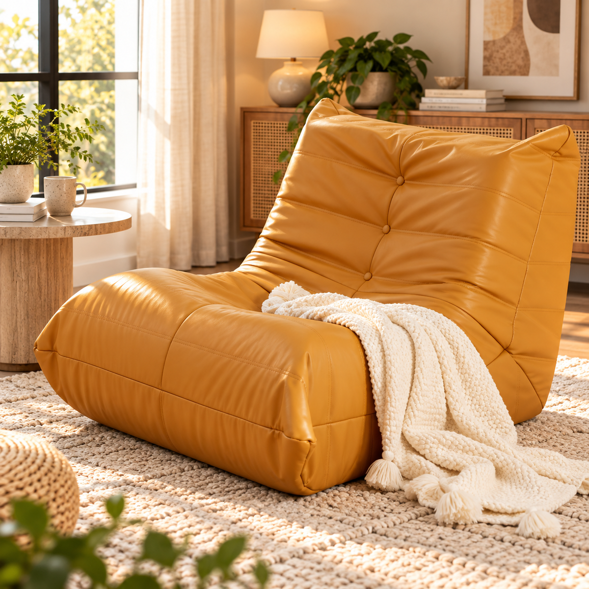Mustard yellow button-tufted armless floor lounge chair with a cream throw on a rug beside a wood side table and sunlit window by HavvakHome.