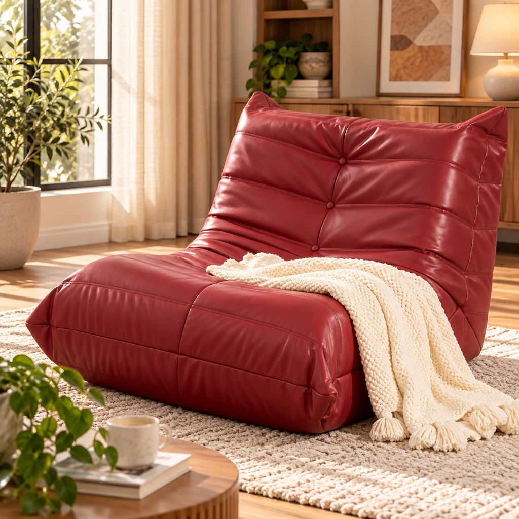 Red button-tufted armless floor lounge chair with a cream knitted throw on a rug in a sunlit living room with plants and a wood cabinet by HavvakHome.