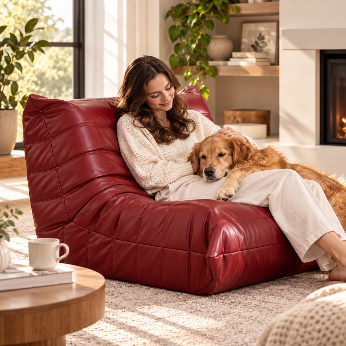 Woman petting a golden retriever lying across her lap on a red armless floor lounge chair near a fireplace by HavvakHome.
