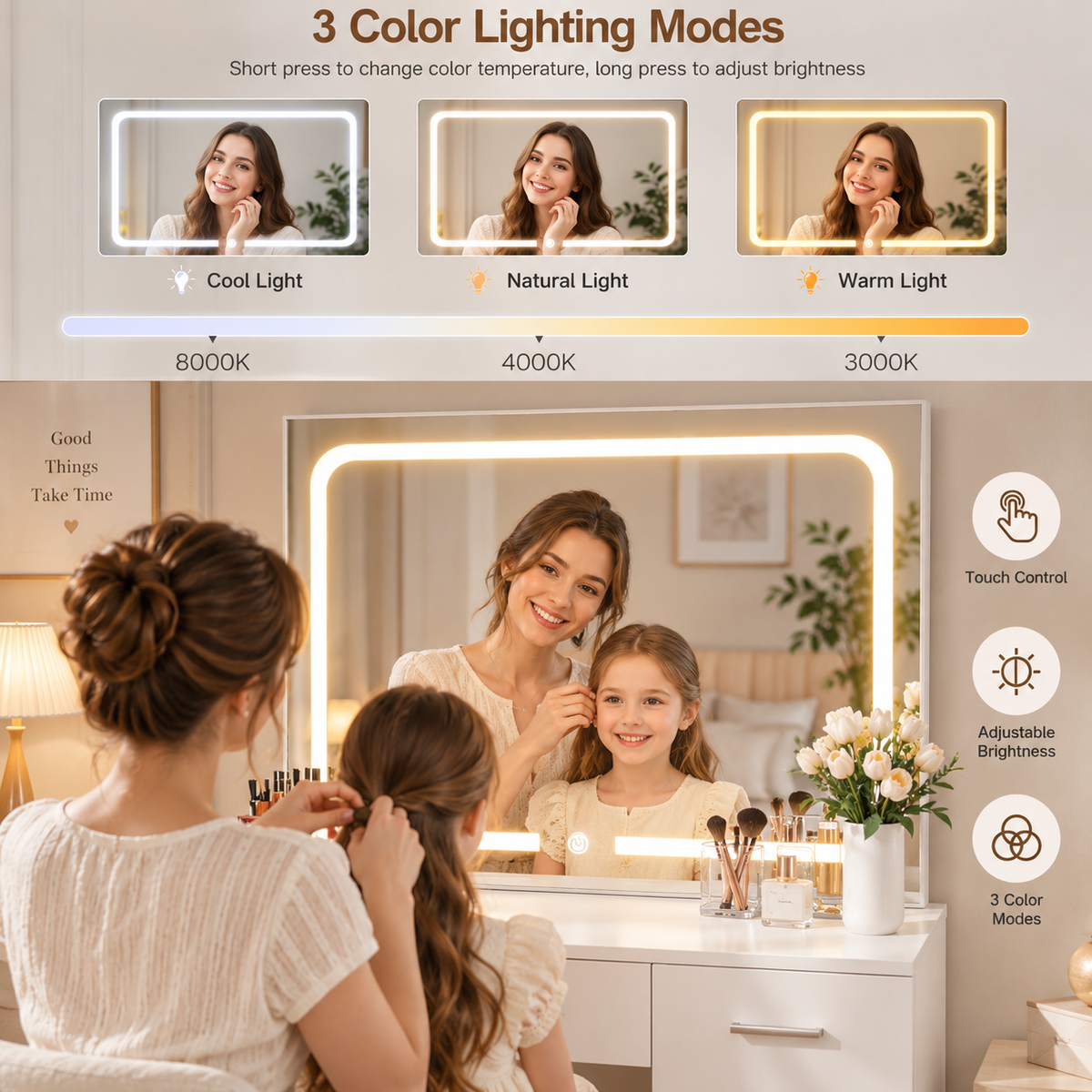 HavvakHome vanity mirror with glowing LED light frame in a home setting showing a woman and child using it. The top of the image features a diagram explaining three color lighting modes: Cool Light, Natural Light, and Warm Light, with temperature labels in Kelvin and a touch control icon on the right.