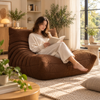 Woman reading barefoot on a brown tufted memory foam fireside chair near a window and side table holding a cup and vase.