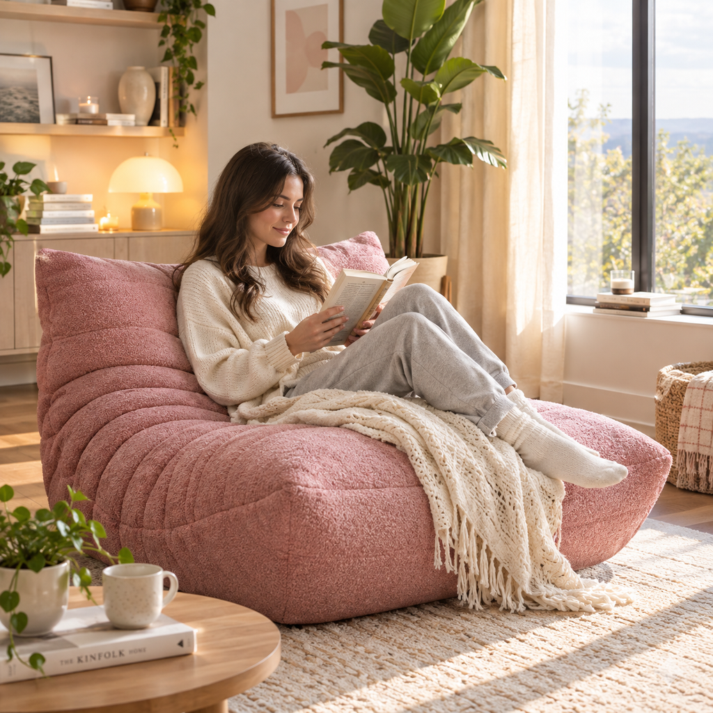 Woman reading on a dusty pink tufted memory foam fireside chair with a cream knit throw beside a window.