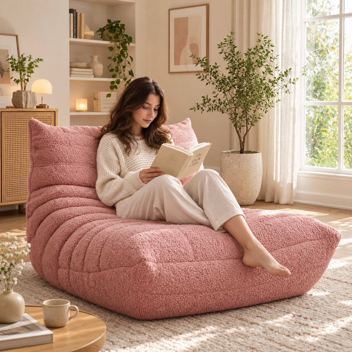 Woman reading barefoot on a dusty pink tufted fireside chair beside a window and potted tree.