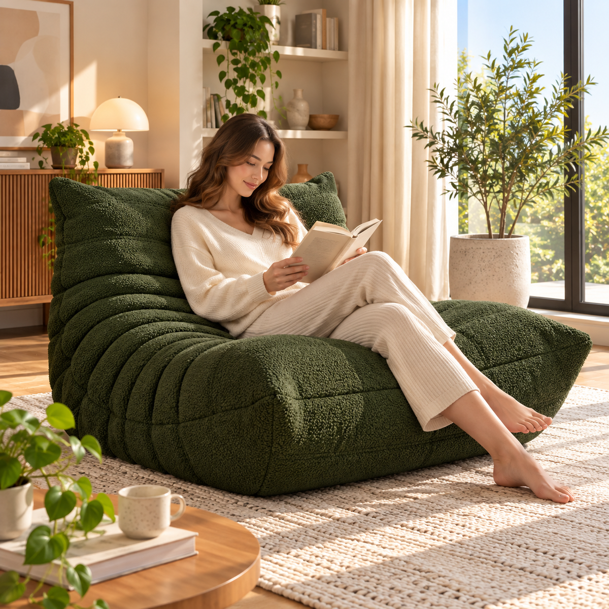 Woman reading barefoot on an olive green tufted memory foam fireside chair beside a sunny window.