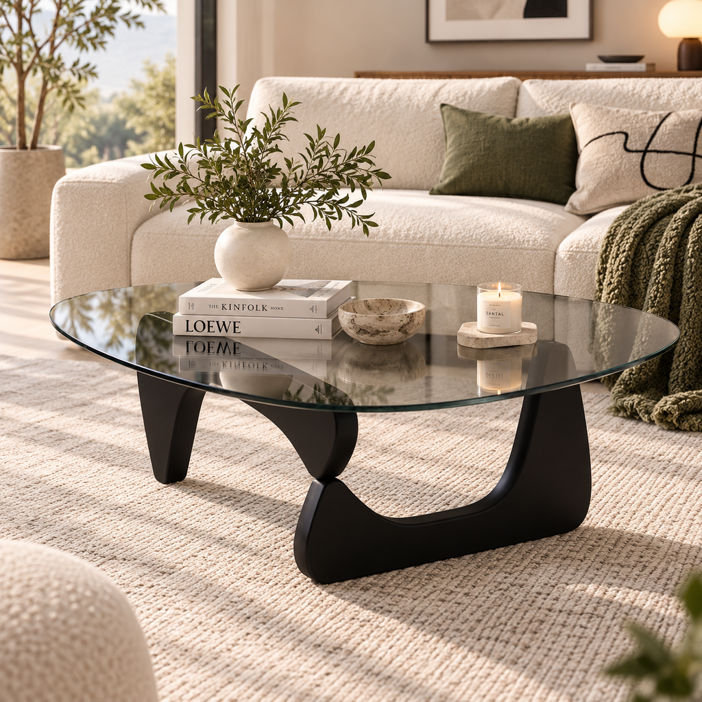Clear rounded triangular glass coffee table with a sculptural black base, vase of greenery, books, bowl, and candle before a cream sofa with green pillows.