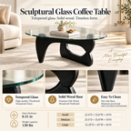 Black sculptural wood-base glass coffee table materials infographic featuring glass-edge, wood-grain, and leg close-ups with a three-size table view.