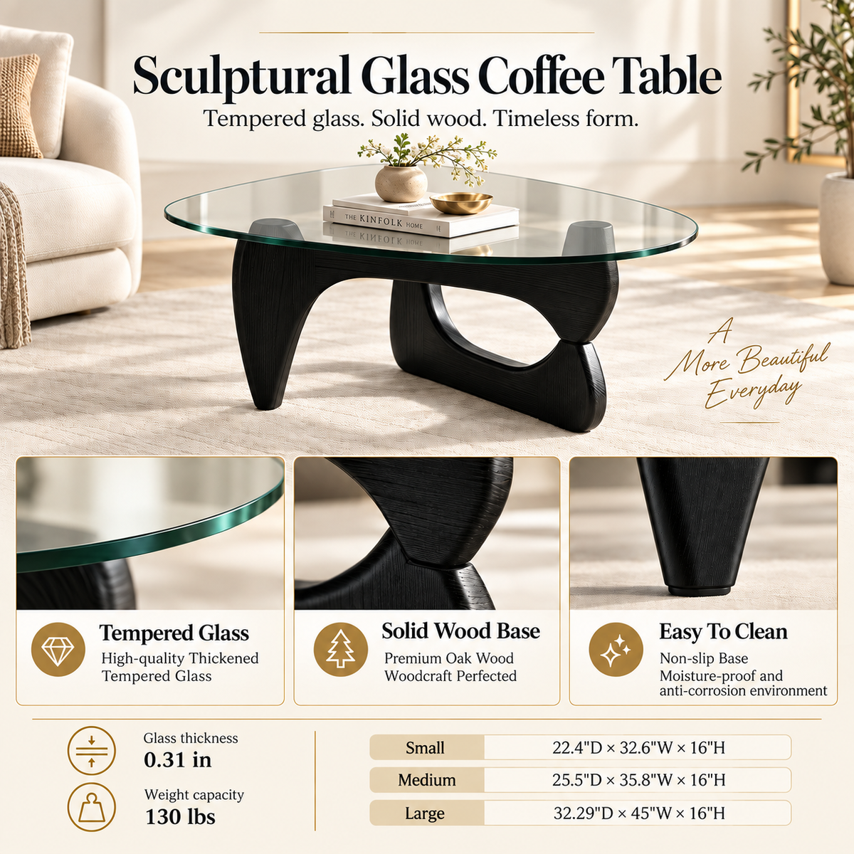 Black sculptural wood-base glass coffee table materials infographic featuring glass-edge, wood-grain, and leg close-ups with a three-size table view.