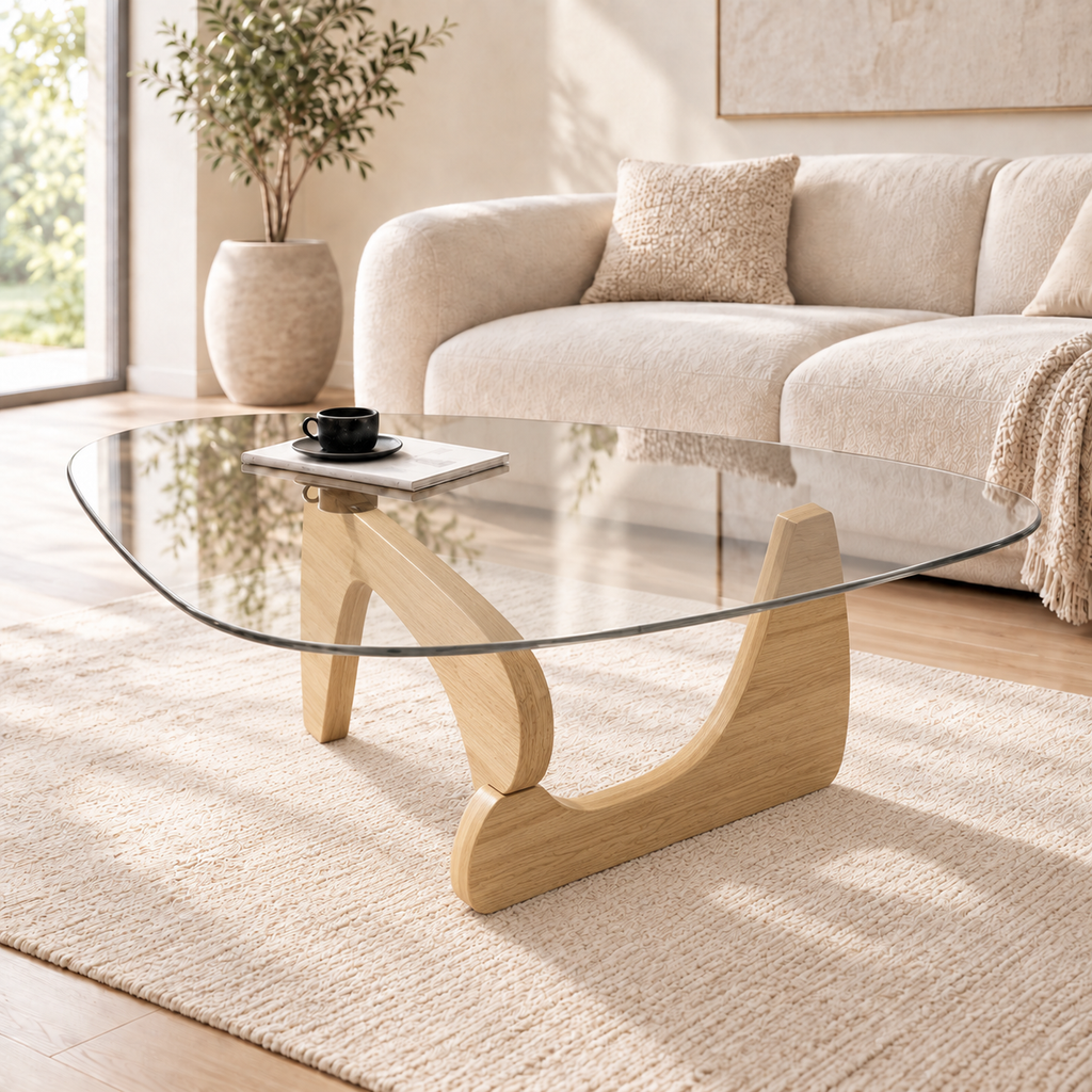 Mid-century coffee table with rounded triangular clear glass top and sculptural light wood base, holding a black cup on a book before a cream sofa.