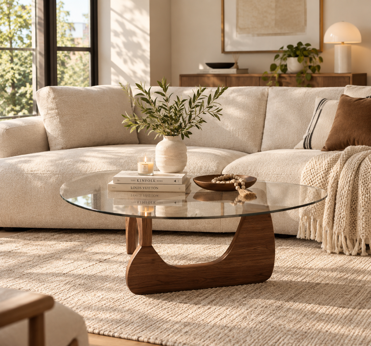 Walnut-toned sculptural wood base and rounded triangular clear glass top styled with a greenery vase, books, candle, and wooden bowl before a cream sectional sofa.