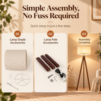 Three-panel assembly guide showing lampshade accessories, wooden leg accessories with screws and cord, and completed illuminated tripod floor lamp by HavvakHome.